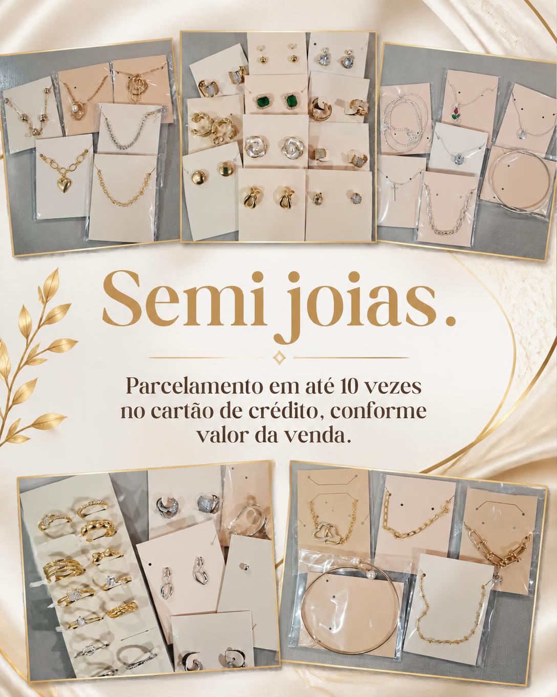 Peças em dourado e prata com cartaz de parcelamento em até 10 vezes